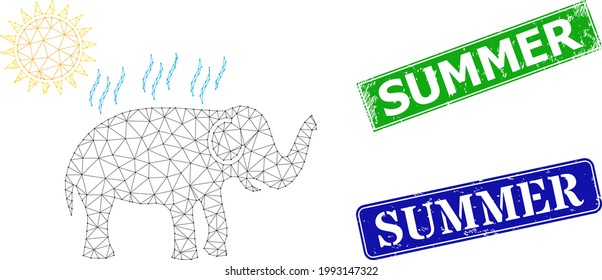 Polygonal elephant under sun heat image, and Summer blue and green rectangular scratched stamps. Polygonal wireframe illustration is based on elephant under sun heat pictogram.