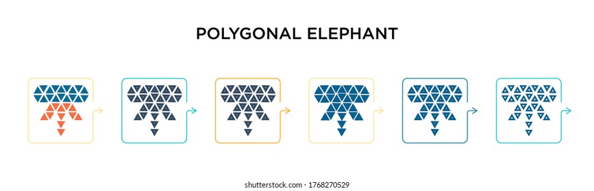 Polygonal elephant vector icon in 6 different modern styles. Black, two colored polygonal elephant icons designed in filled, outline, line and stroke style. Vector illustration can be used for web, 