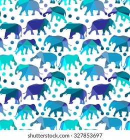 Polygonal elephants with balls. Vector seamless pattern