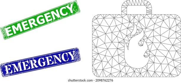 Polygonal emergency case image, and Emergency blue and green rectangle corroded badges. Polygonal wireframe image is created from emergency case pictogram.