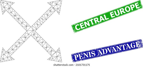 Polygonal enlarge arrows image, and Central Europe blue and green rectangular rubber stamps. Mesh wireframe image based on enlarge arrows icon.