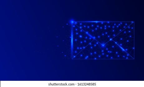 Polygonal envelope in blue background with lights. Use for modern design, cover, template, decorated, brochure, flyer.