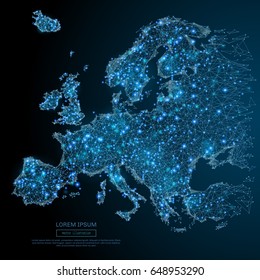 Polygonal Europe map. World concept. Vector map mesh spheres from flying debris. Thin line concept. Blue structure style illustration