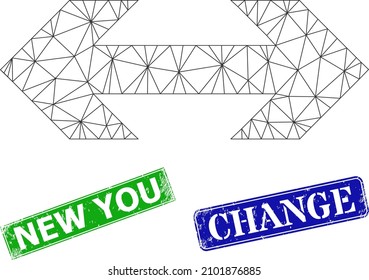 Polygonal exchange arrow image, and New You blue and green rectangular corroded seal imitations. Polygonal wireframe image based on exchange arrow pictogram.