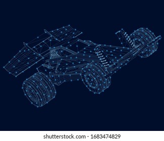 Polygonal F1 CAR. Speed concept. Vector bolide mesh spheres from flying debris. Thin line concept. Blue structure style illustration