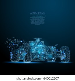 Polygonal F1 CAR. Speed concept. Vector bolide mesh spheres from flying debris. Thin line concept. Blue structure style illustration