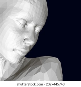 Polygonal face of a girl isolated on a dark background. 3D. Vector illustration.