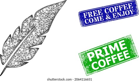Polygonal feather model, and Free Coffee Come and Enjoy blue and green rectangle textured stamp seals. Mesh carcass symbol is designed with feather icon.