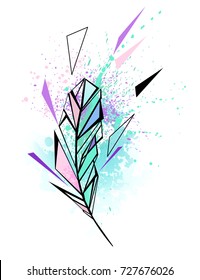Polygonal feather with spots of water color turquoise and pink on white background.
