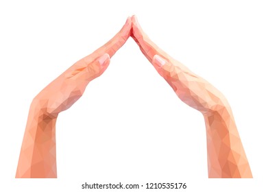 polygonal female hands make the roof folded together empty isolated