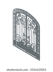 Polygonal Fence gate isolated cartoon. Vector metal entrance. Vector illustration fence gate on white background. Vector illustration fence gate white background. Decorative architectural element. 3D.