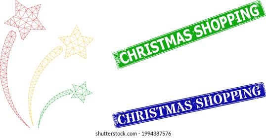 Polygonal festival sparks image, and Christmas Shopping blue and green rectangular dirty stamps. Polygonal carcass image is designed with festival sparks icon.