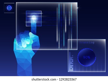 Polygonal finger touching transparent screen and scanning fingerprint, futuristic biometric security system concept