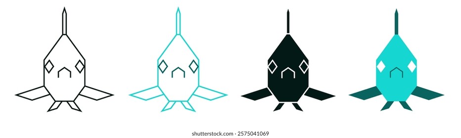 Polygonal fish head icon set. Low poly goldfish face. Black or color logo design for web or print. Minimalistic symbol. Modern illustration. Polygon line pet. Geometric art. Editable vector stroke. 