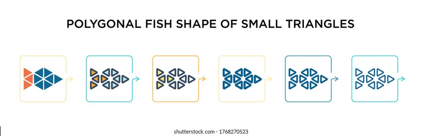 Polygonal fish shape of small triangles vector icon in 6 different modern styles. Black, two colored polygonal fish shape of small triangles icons designed in filled, outline, line and stroke style. 