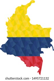 Polygonal flag of Colombia on contour of the country map.  Low poly style vector illustration eps
