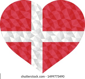 Polygonal flag of Denmark heart shaped. Low poly style vector illustration eps

