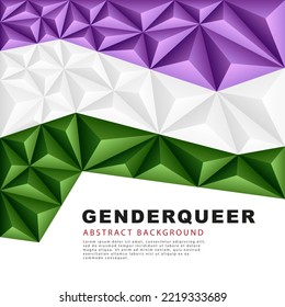 Bandera poligonal del orgullo de género. Fondo abstracto en forma de pirámides coloridas púrpura, blanca y verde. Identificación sexual. Ilustración vectorial.