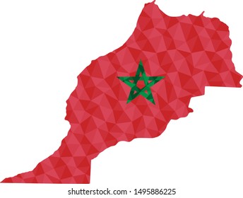 Polygonal flag of Morocco on contour of the country map. Low poly style vector illustration eps
