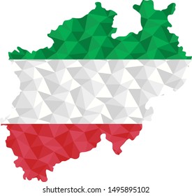 Polygonal flag of North Rhine-Westphalia on contour of the map. Low poly style vector illustration eps
