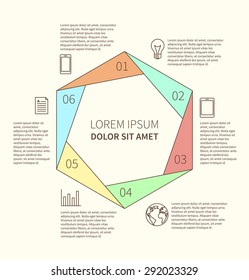Polygonal flat infographic diagram template for presentation with 6 options. Vector illustration