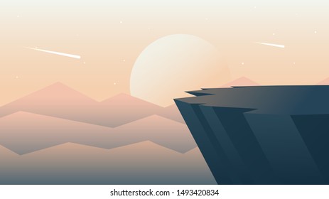 Polygonal flat landscape. Vector illustration. Minimalist style. Wallpaper in the natural concept. Background of the mountains with sunset. Panoramic image