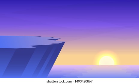 Polygonal flat landscape. Vector illustration. Minimalist style. Wallpaper in the natural concept. Background of the mountains with sunset. Rocks near water. Panoramic image