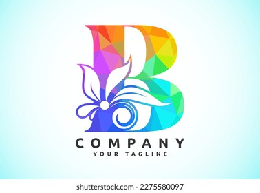 Polygonal floral letter B. Low poly style alphabet with botanical elements. Vector illustration