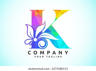 Polygonal floral letter K. Low poly style alphabet with botanical elements. Vector illustration