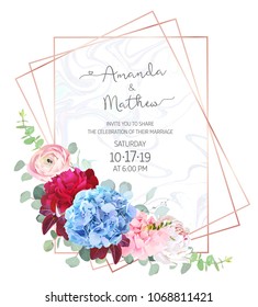 Polygonal floral vector design frame with marble textured background. Light blue hydrangea, burgundy red and white peony, pink ranunculus, eucalyptus, greenery.Wedding card.Pink gold line art.Isolated