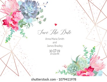 Polygonal floral vector design frame with glitter. Pink hydrangea, protea, blue echeveria succulent, eucalyptus, greenery. Wedding horizontal card. Gold line art.All elements are isolated and editable