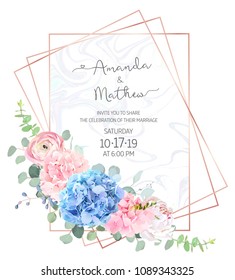 Polygonal floral vector design frame with marble textured background.Light blue and pink hydrangea,white peony,  ranunculus, eucalyptus, greenery.Wedding card.Pink gold line art. Isolated and editable