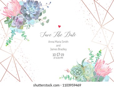 Polygonal floral vector design frame with glitter. Pink protea, blue echeveria succulent, eucalyptus, greenery. Wedding horizontal card. Gold line art.All elements are isolated and editable