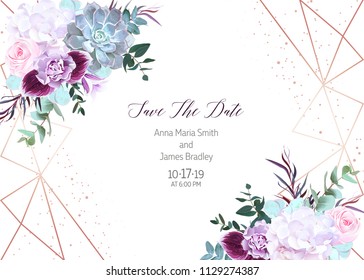 Polygonal floral vector design frame with glitter. White hydrangea, pink rose, purple carnation, orchid, succulent, eucalyptus, greenery.Wedding horizontal card.Gold line art.All elements are isolated