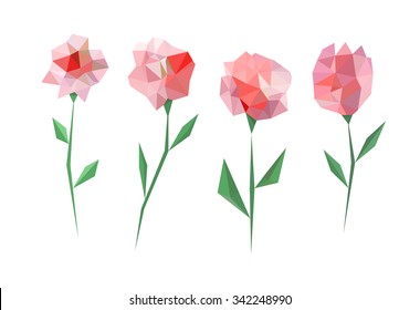 Polygonal Flower Set. Four Different Triangle Flower With Leaves.