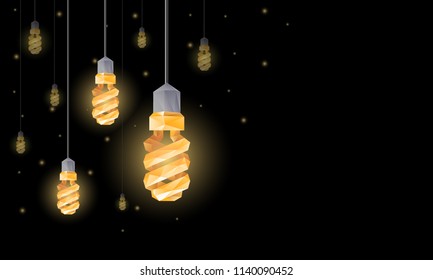 Polygonal fluorescent light bulbs hanging from the ceiling. Lighting decor with low poly lamps for banner background.