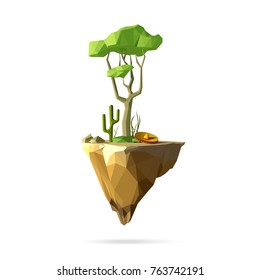 Polygonal flying island, tree, cactus, sombrero. Mexican landscape.