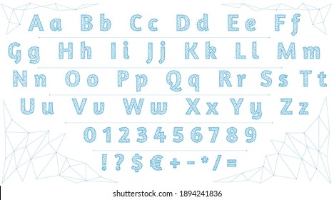 Polygonal font. Low poly letters, numbers and signs. Alphabet created with lines and dots. Alphabet made of lines and dots on a white background.