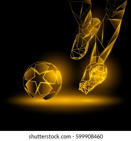 Polygonal Football Kickoff illustration. Soccer player hits the ball. Sports yellow neon background.