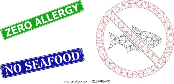 Polygonal forbidden fish image, and Zero Allergy blue and green rectangular rubber watermarks. Polygonal carcass image created from forbidden fish icon.