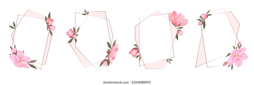 El marco poligonal flor de cerezo rosa oro conjunto plano. Lujo rosa oro amor belleza novia valentina restaurante primavera verano planta banner negocio vacaciones afiche patrón regalo cosmético cupón aislado