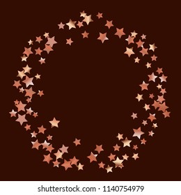 Polygonal frame from confetti stars. Isolated gradient celestial elements. Copper metallic gloss.Holiday celebration luminous vector template for decorations, invitation cards.