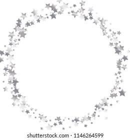 Polygonal frame from confetti stars. Isolated gradient celestial elements. Platinum metal shine. Festive iridescent holographic effect vector template for decorations, invitation cards.