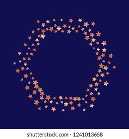 Polygonal frame from confetti stars. Isolated gradient stellar elements. Copper metal shine. Festive iridescent holographic shine effect vector template for celebration decorations.
