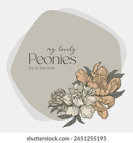 Polygonal frame with floral arrangement. Minimalistic frame with peonies. Colorful
