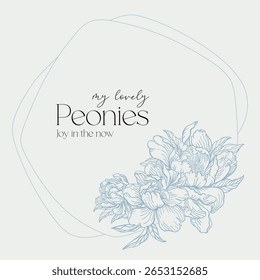 Quadro poligonal com arranjo floral. Peônias em azul. Design moderno. Arte em linha.