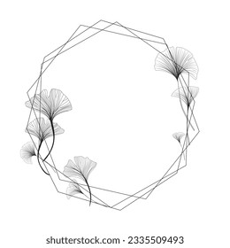 polygonaler Rahmen mit Ginkgo-Biloba-Blättern, trendiger Rahmen mit Linienzeichnung von Ginkgo-Biloba