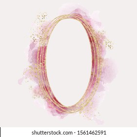 polygonal frame. Gold glitter triangles, geometric shapes. Diamond shape with watercolor washes. Minimal template for creative designs, card, invitation,