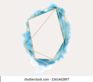 polygonal frame. Gold glitter triangles, geometric shapes. Diamond shape with watercolor washes. Minimal template for creative designs, card, invitation,