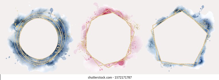 polygonal frame. Gold glitter triangles, geometric shapes. Diamond shape with watercolor washes. Minimal template for creative designs, card, invitation,